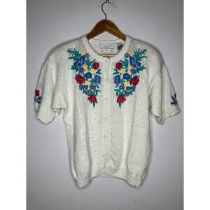 Hand Embroidered Floral Cardigan Northern Isles Women's Medium Short Sleeve New